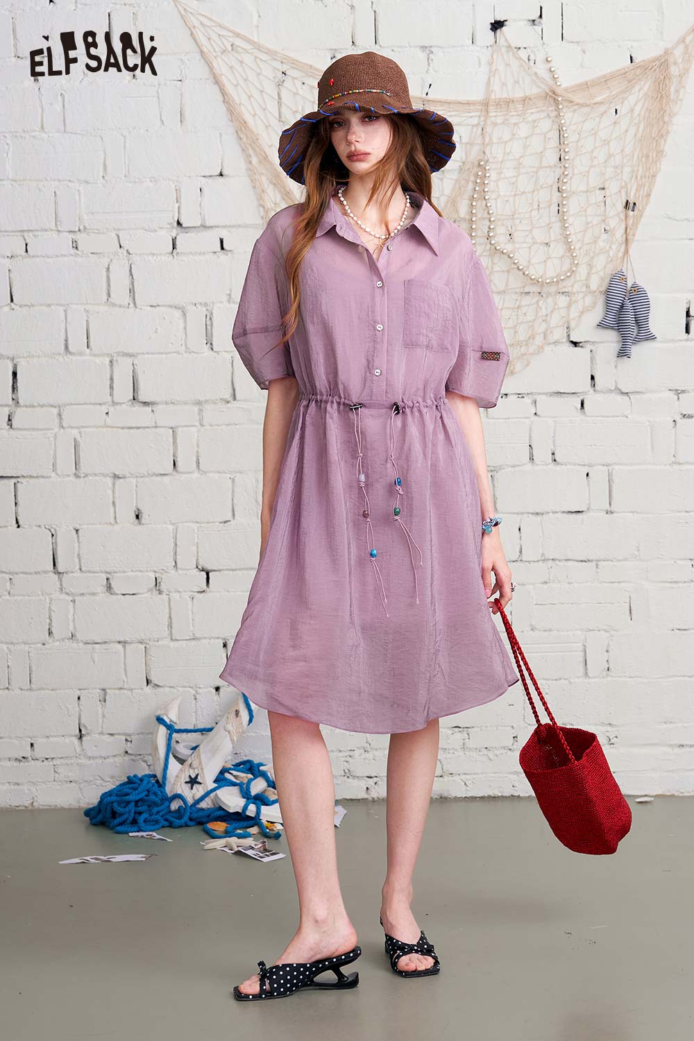 ELFSACK Colorful Button Cinched Shirt Dress