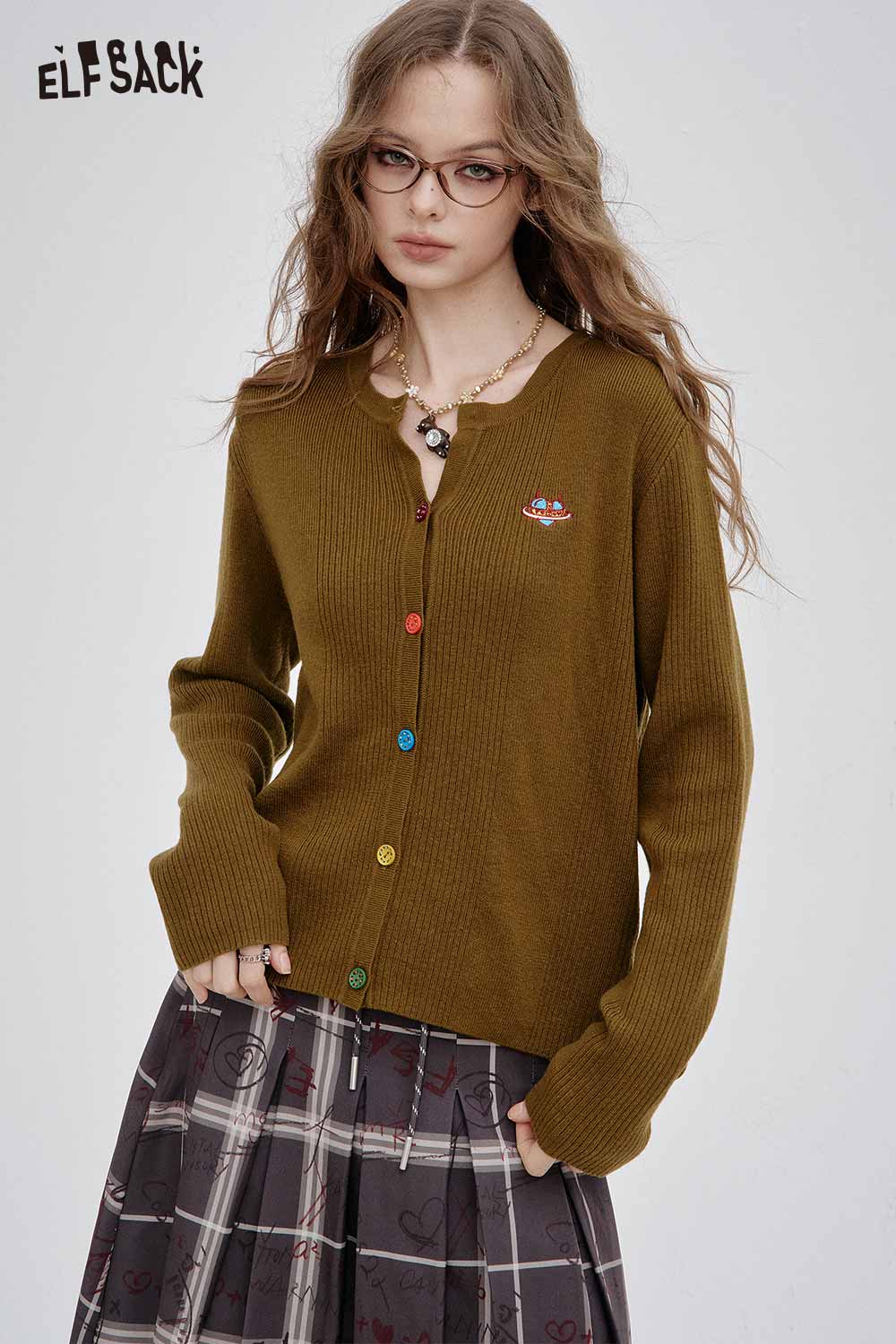 ELFSACK Soft Colorful Button Round Neck Long Sleeve Knit Sweater