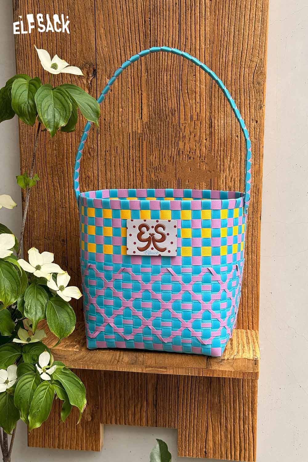 ELFSACK Colorful Checkered Woven Bucket Bag
