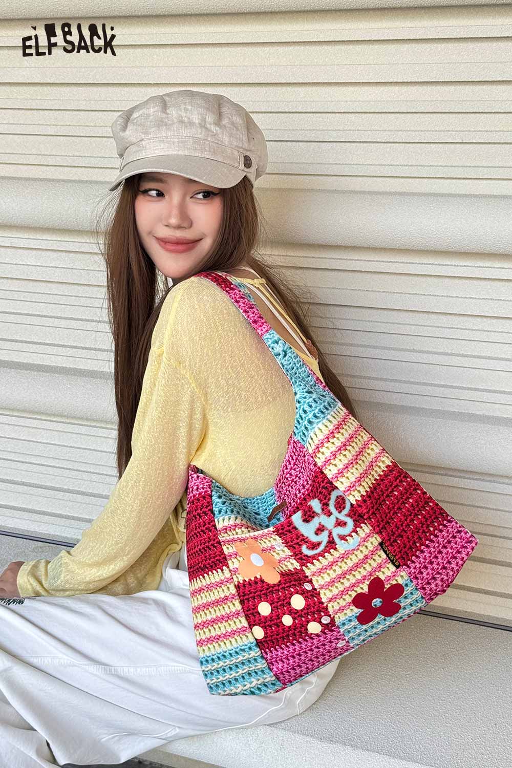 ELFSACK Colorful Crochet Floral Knit Tote Bag