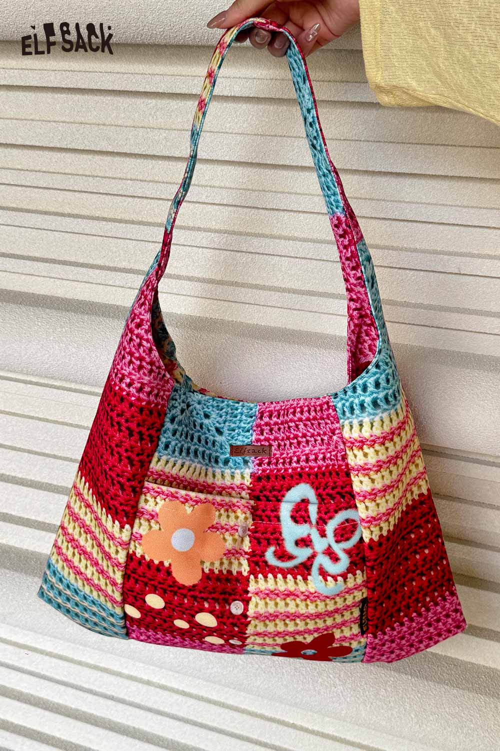 ELFSACK Colorful Crochet Floral Knit Tote Bag