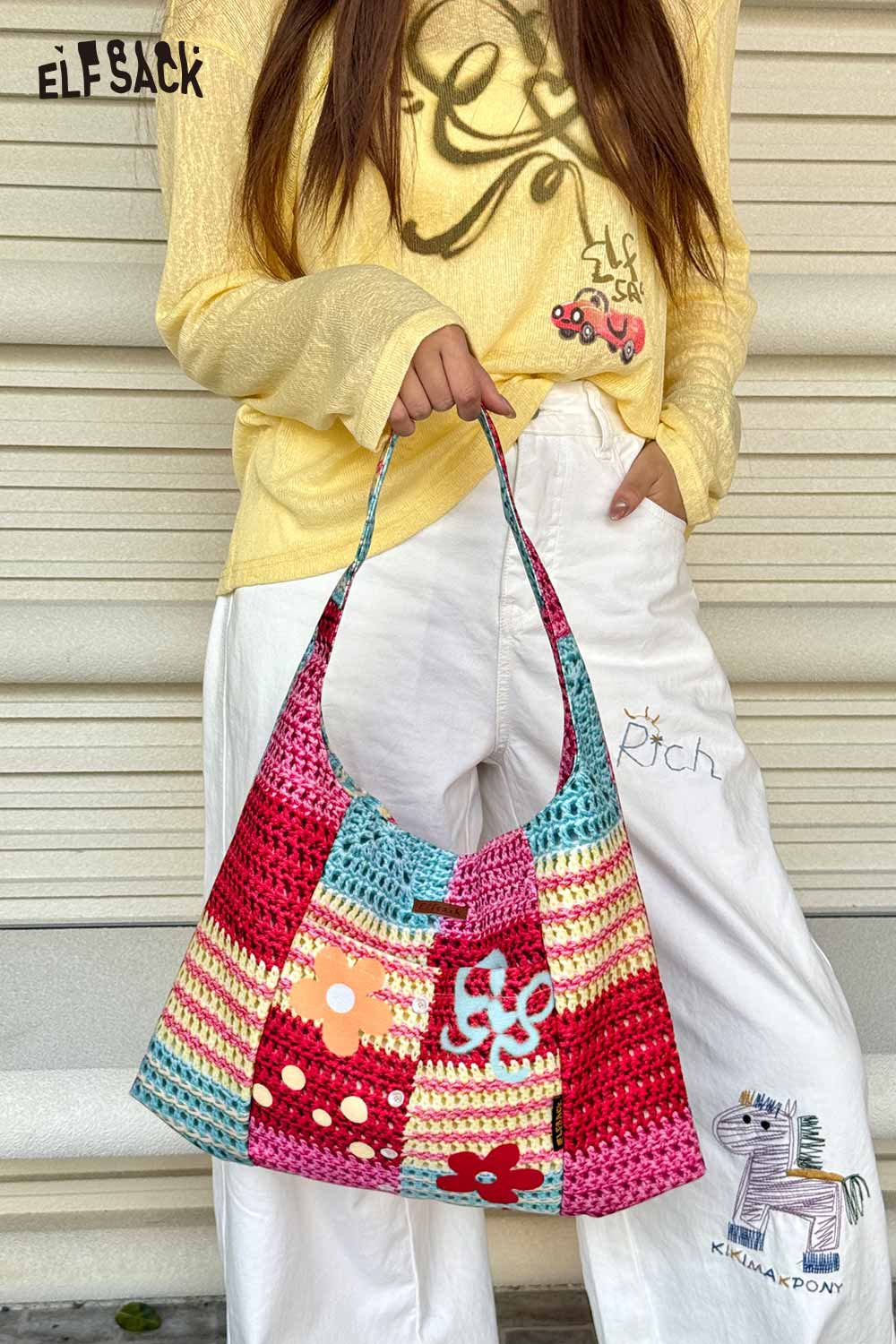 ELFSACK Colorful Crochet Floral Knit Tote Bag