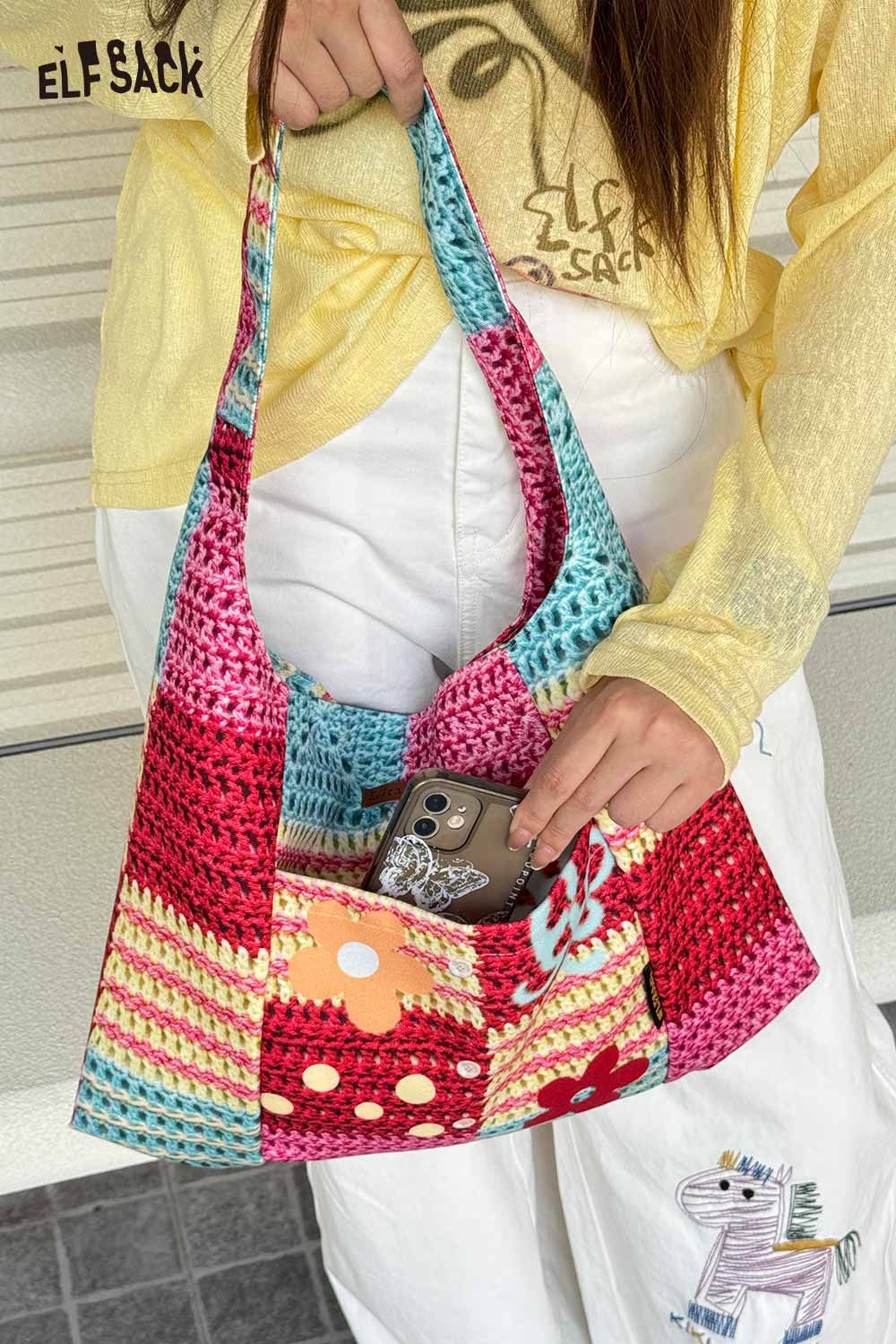 ELFSACK Colorful Crochet Floral Knit Tote Bag