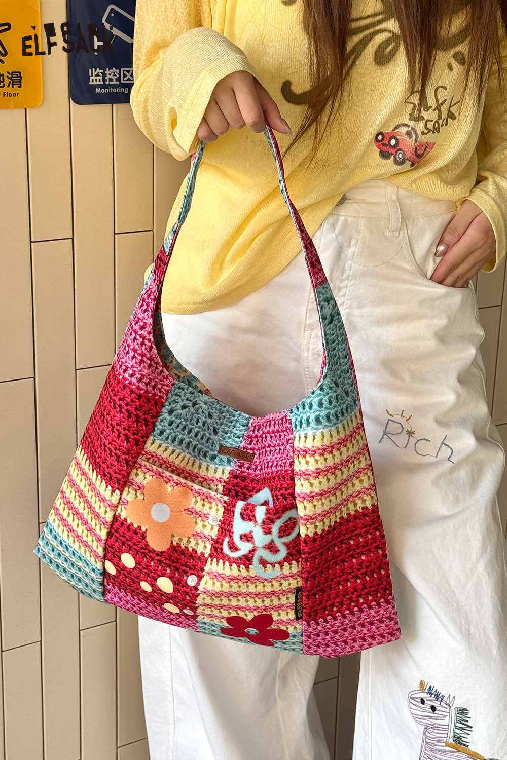 ELFSACK Colorful Crochet Floral Knit Tote Bag