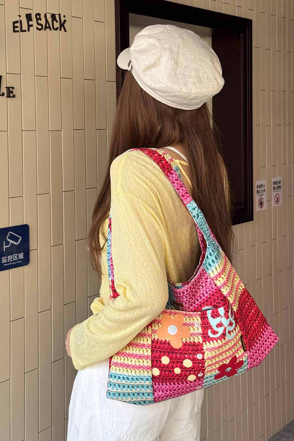 ELFSACK Colorful Crochet Floral Knit Tote Bag