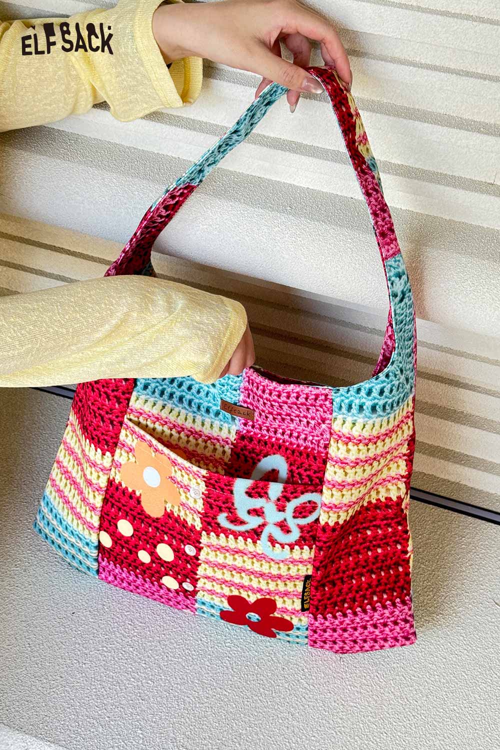 ELFSACK Colorful Crochet Floral Knit Tote Bag