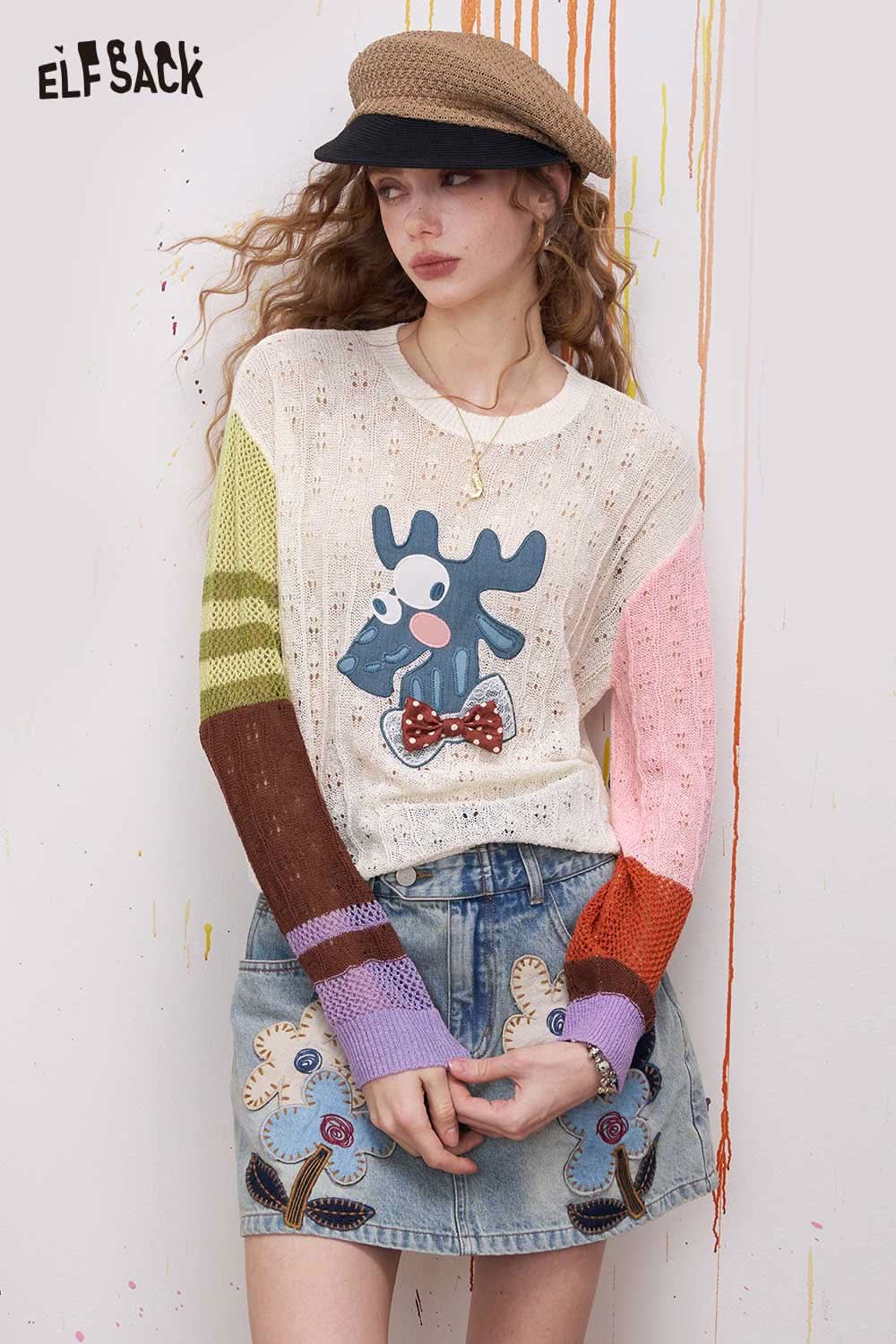ELFSACK Colorful Long Sleeve Knit Sweater with Asymmetrical Sleeves