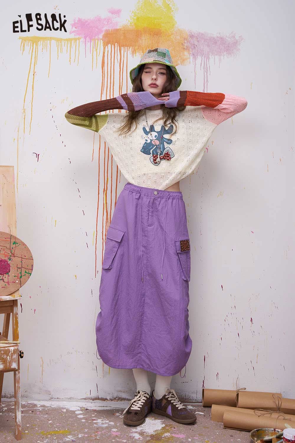 ELFSACK Colorful Long Sleeve Knit Sweater with Asymmetrical Sleeves