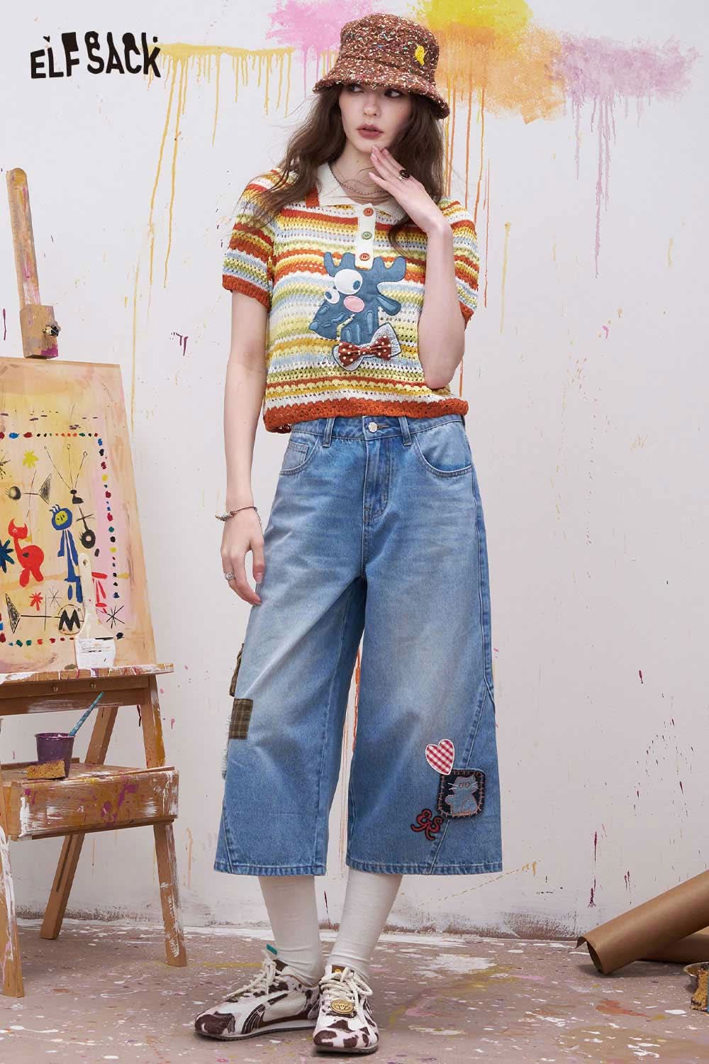 ELFSACK Colorful Striped Crochet Polo with Deer Applique