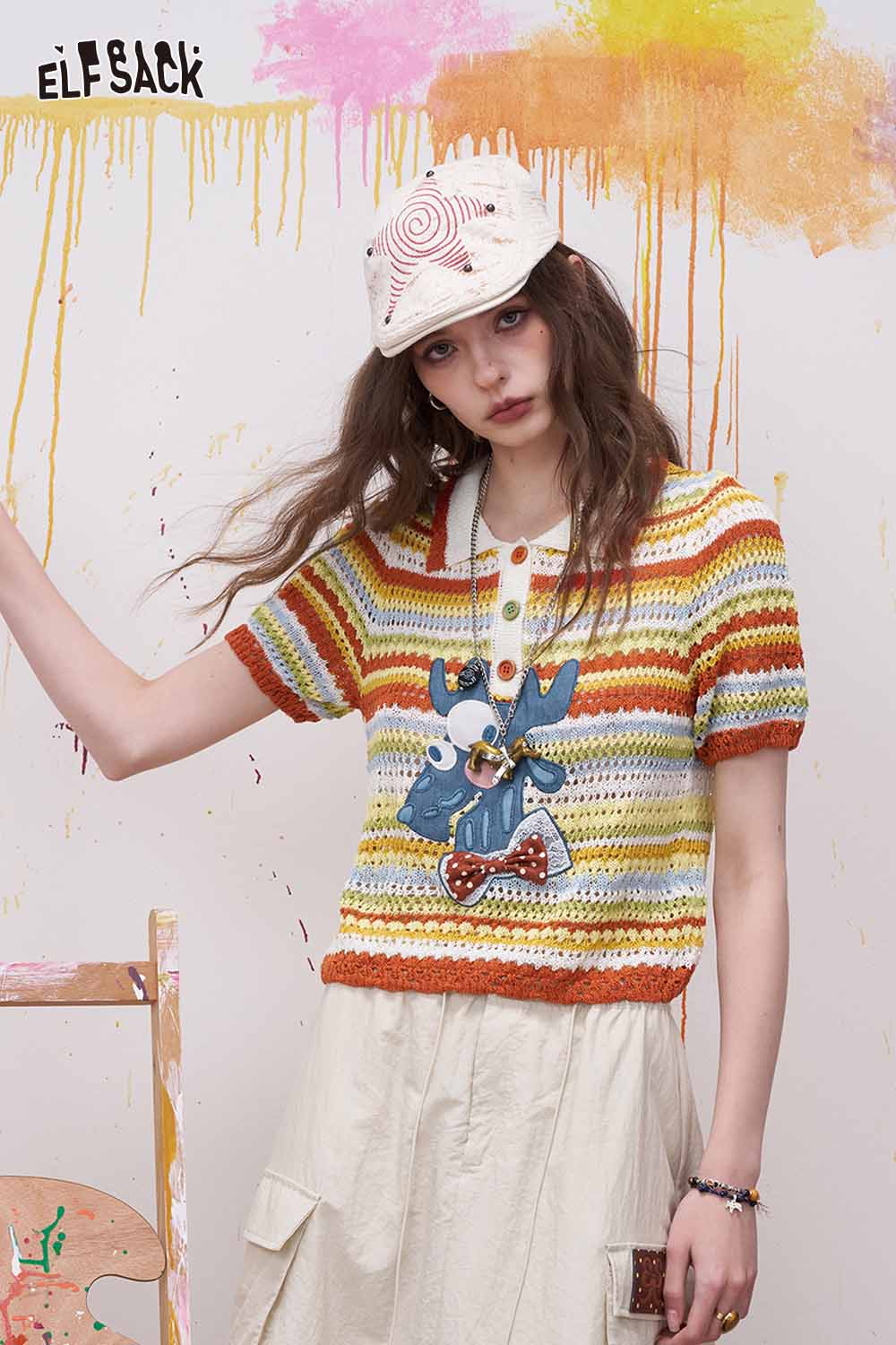ELFSACK Colorful Striped Crochet Polo with Deer Applique