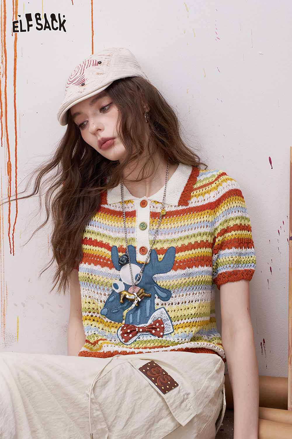 ELFSACK Colorful Striped Crochet Polo with Deer Applique