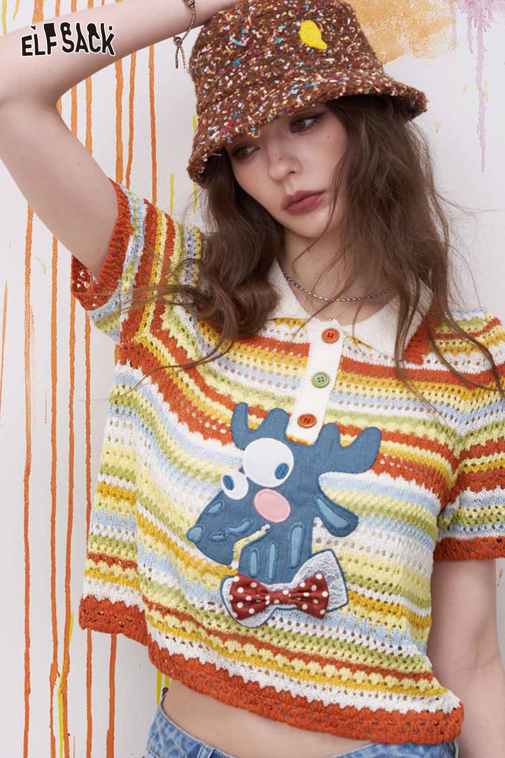 ELFSACK Colorful Striped Crochet Polo with Deer Applique