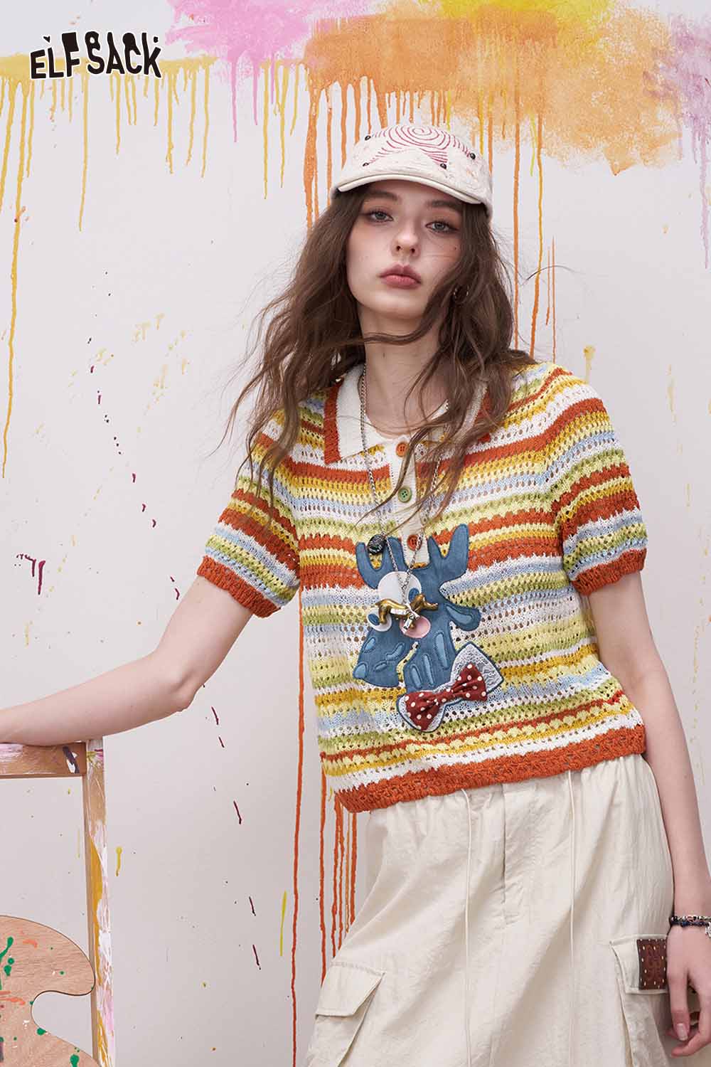 ELFSACK Colorful Striped Crochet Polo with Deer Applique