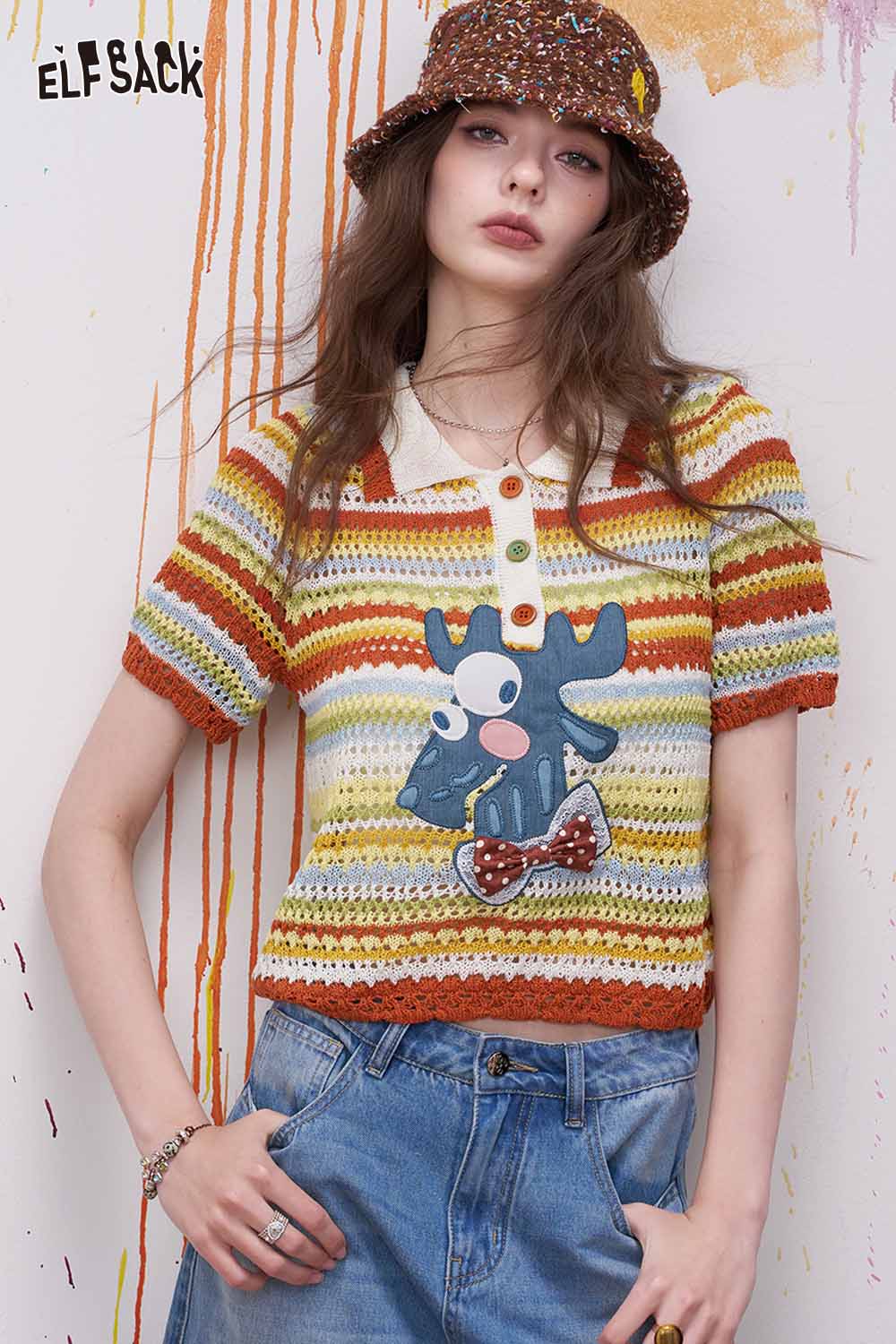 ELFSACK Colorful Striped Crochet Polo with Deer Applique