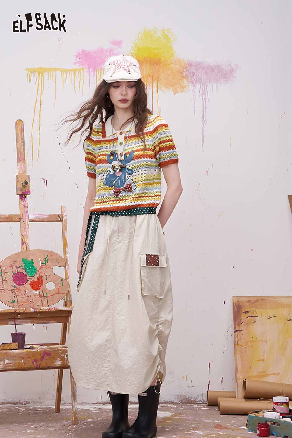 ELFSACK Colorful Striped Crochet Polo with Deer Applique