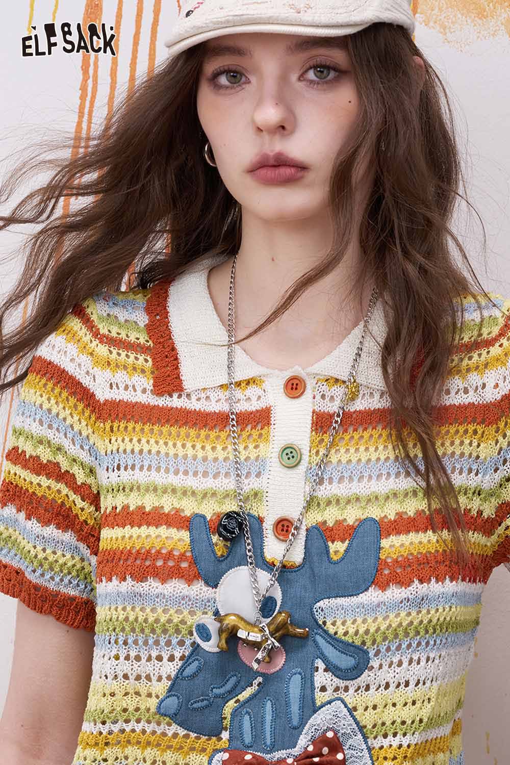ELFSACK Colorful Striped Crochet Polo with Deer Applique