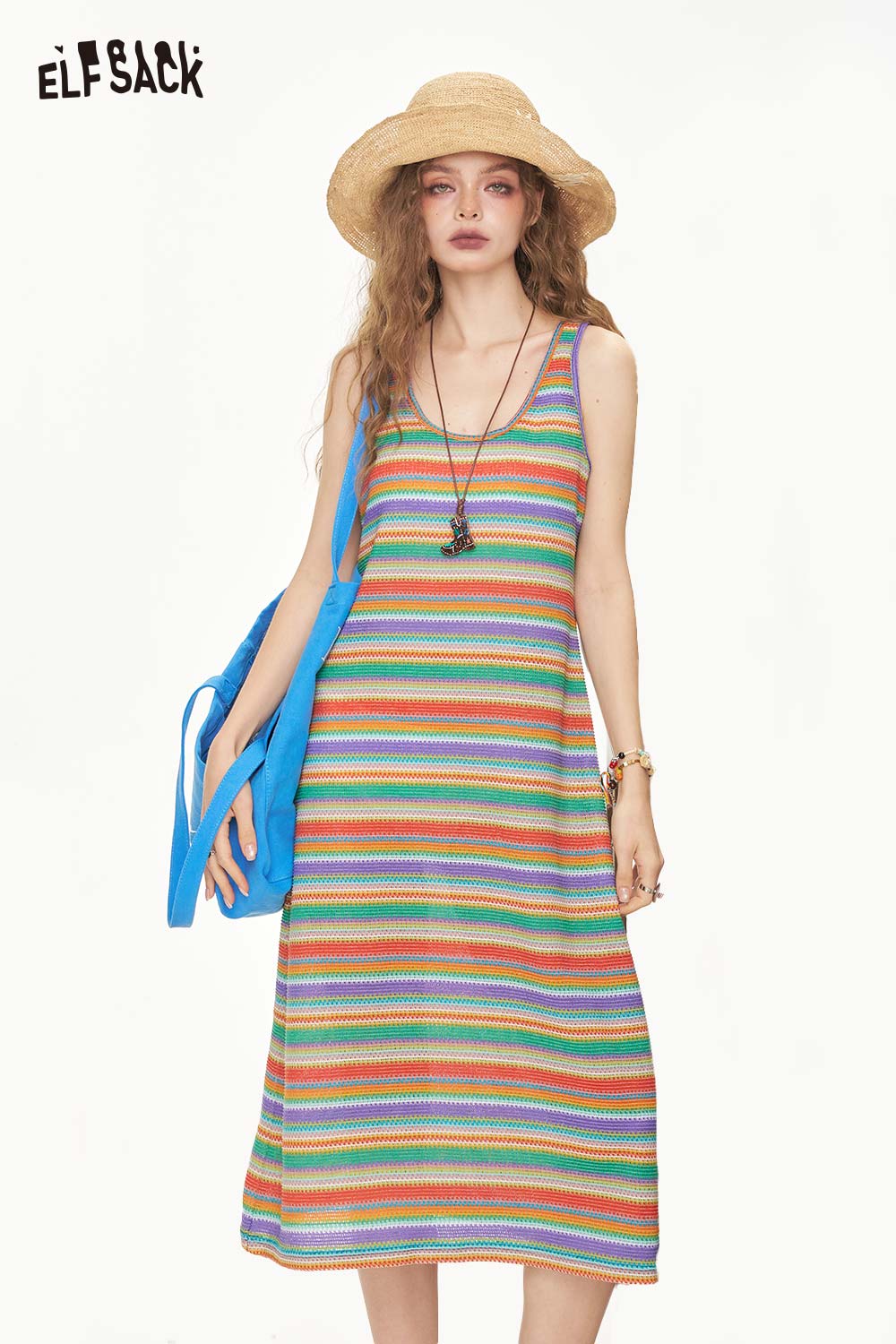 ELFSACK Colorful Striped Slip Maxi Dress