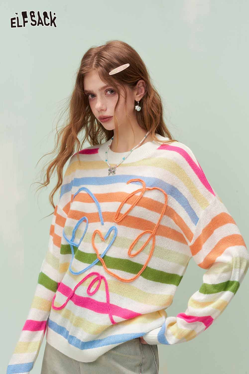 ELFSACK Colorful Striped Sweater with Embroidery