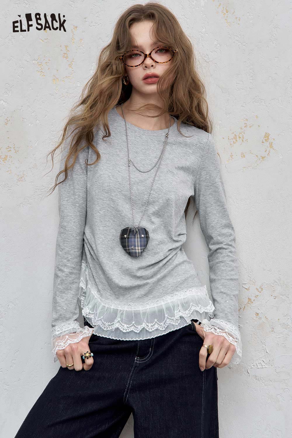 ELFSACK Combed Cotton Lace Trim Detail Fitted Long Sleeve Tee
