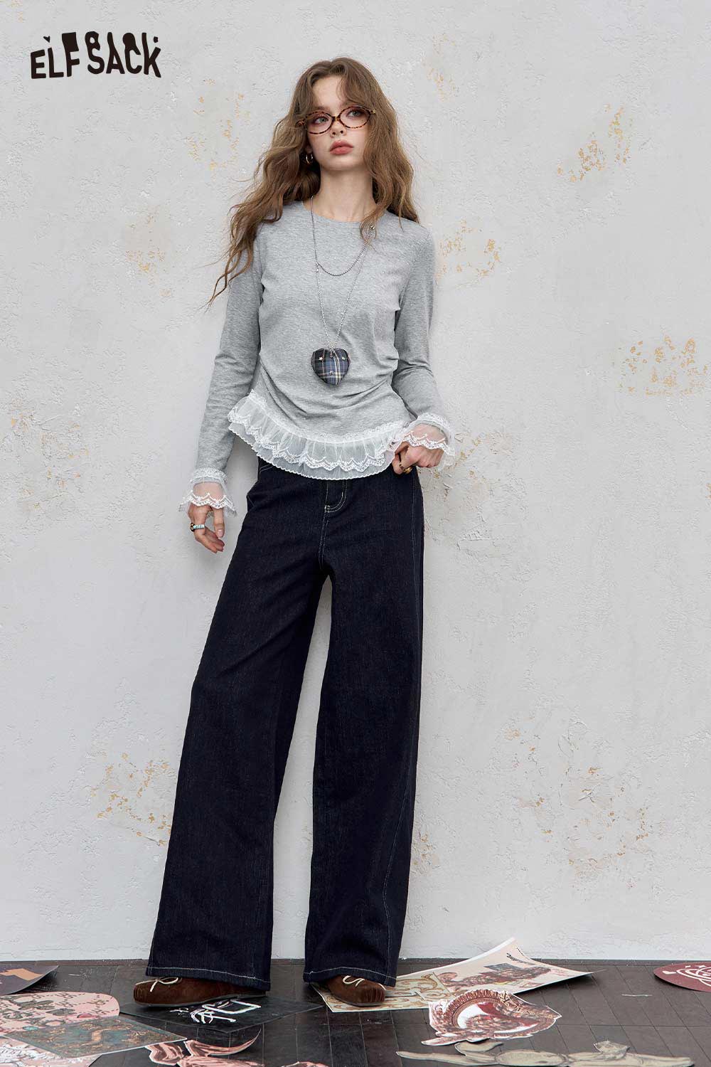 ELFSACK Combed Cotton Lace Trim Detail Fitted Long Sleeve Tee