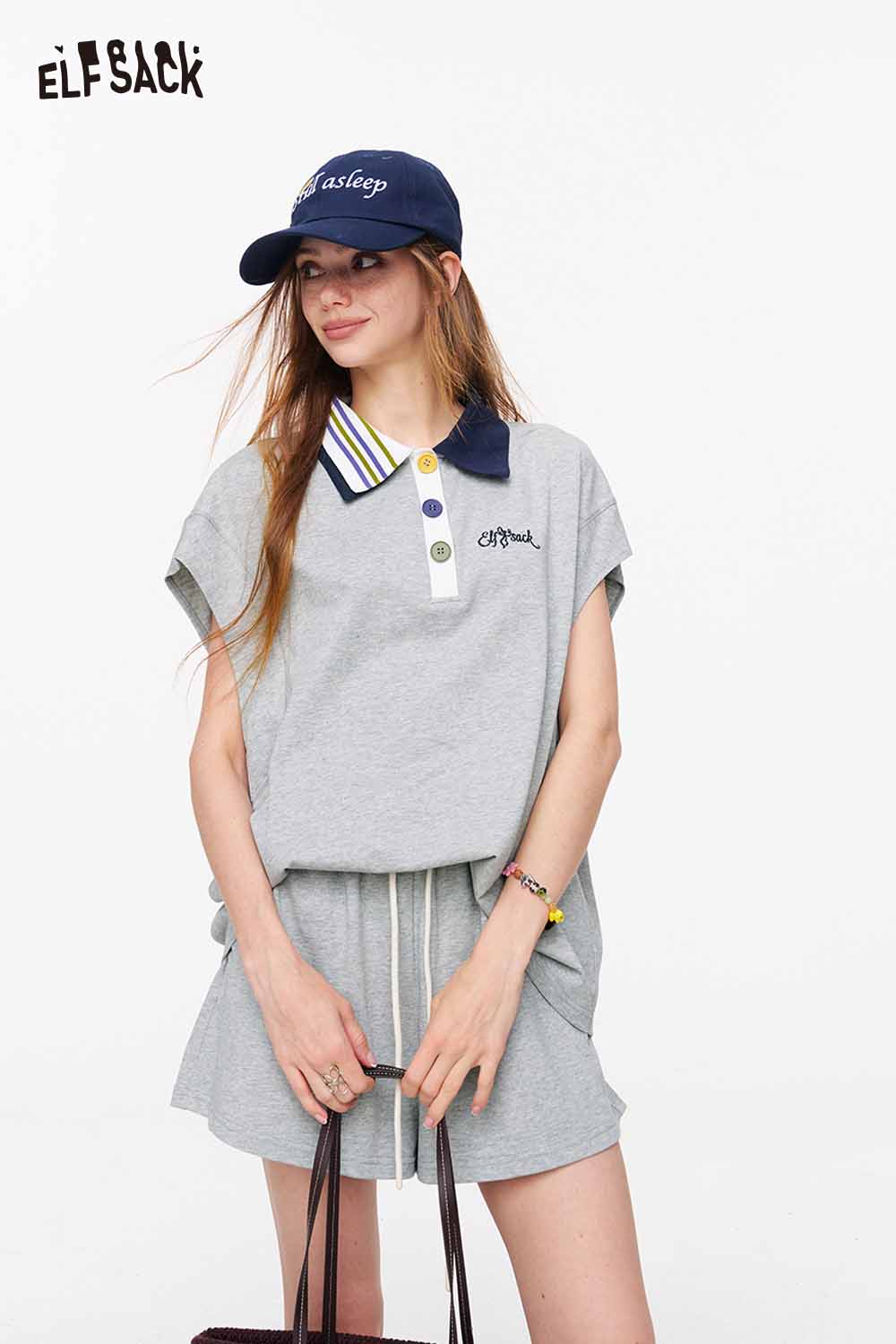 ELFSACK Contrast Collar Polo Top & Shorts Set