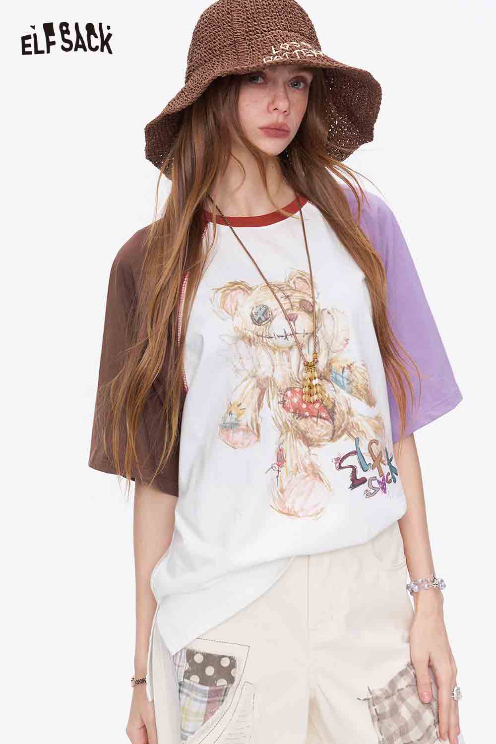 ELFSACK Contrast Sleeve Huggy Bear Oversized Tee