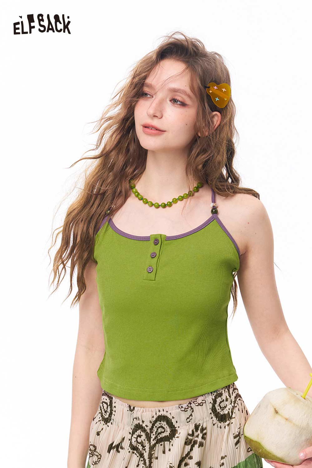 ELFSACK Contrast Trim Color Button Cami Top