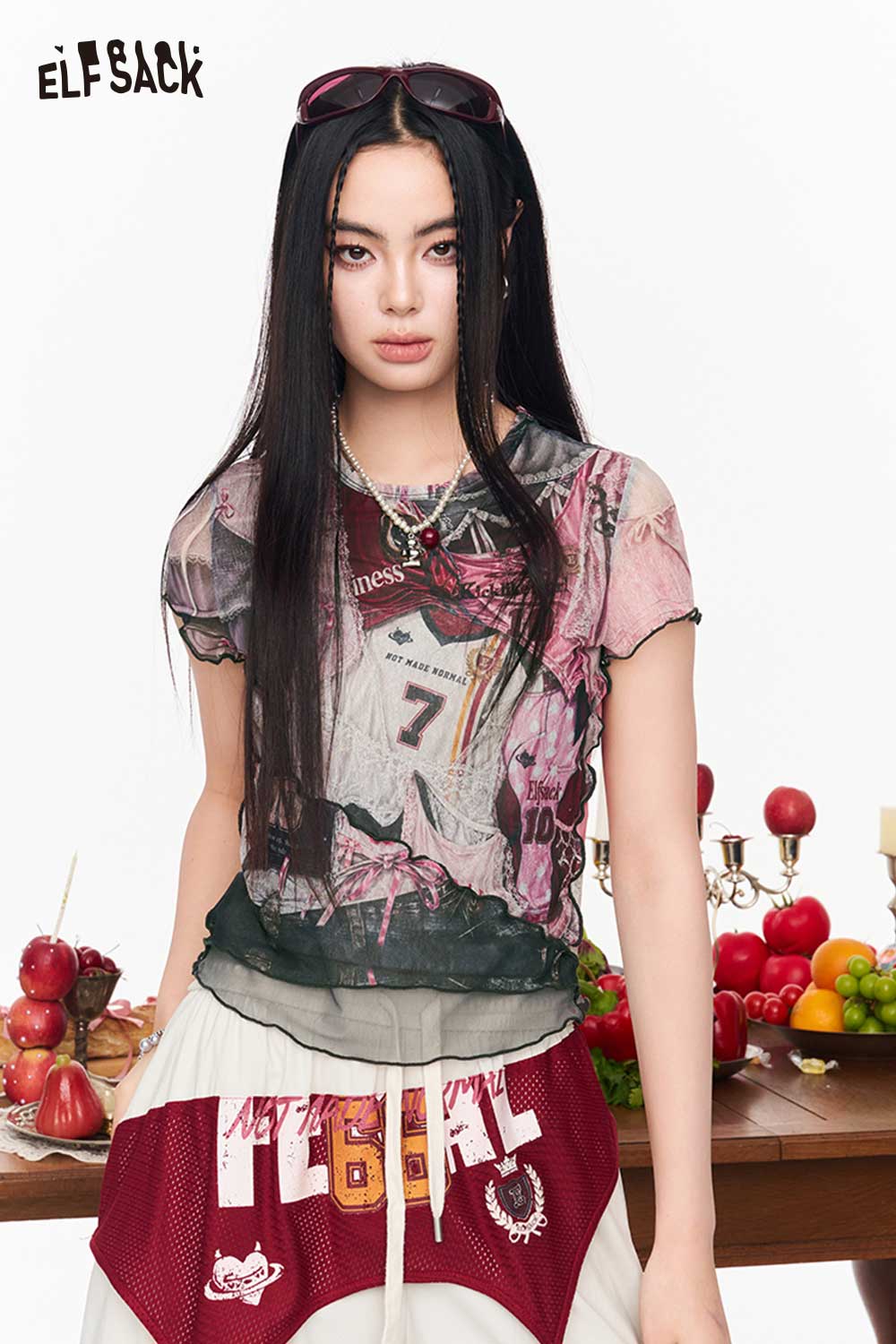 ELFSACK Coquette Jersey Patchwork Cropped Tee
