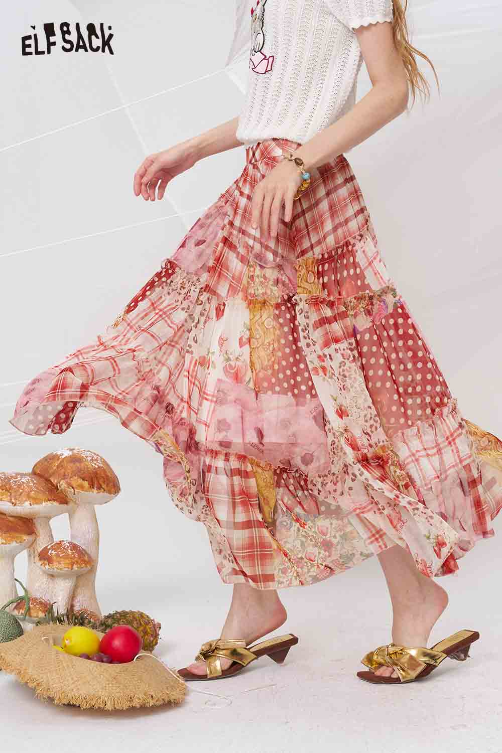 ELFSACK Cottagecore Patchwork Tiered Maxi Skirt