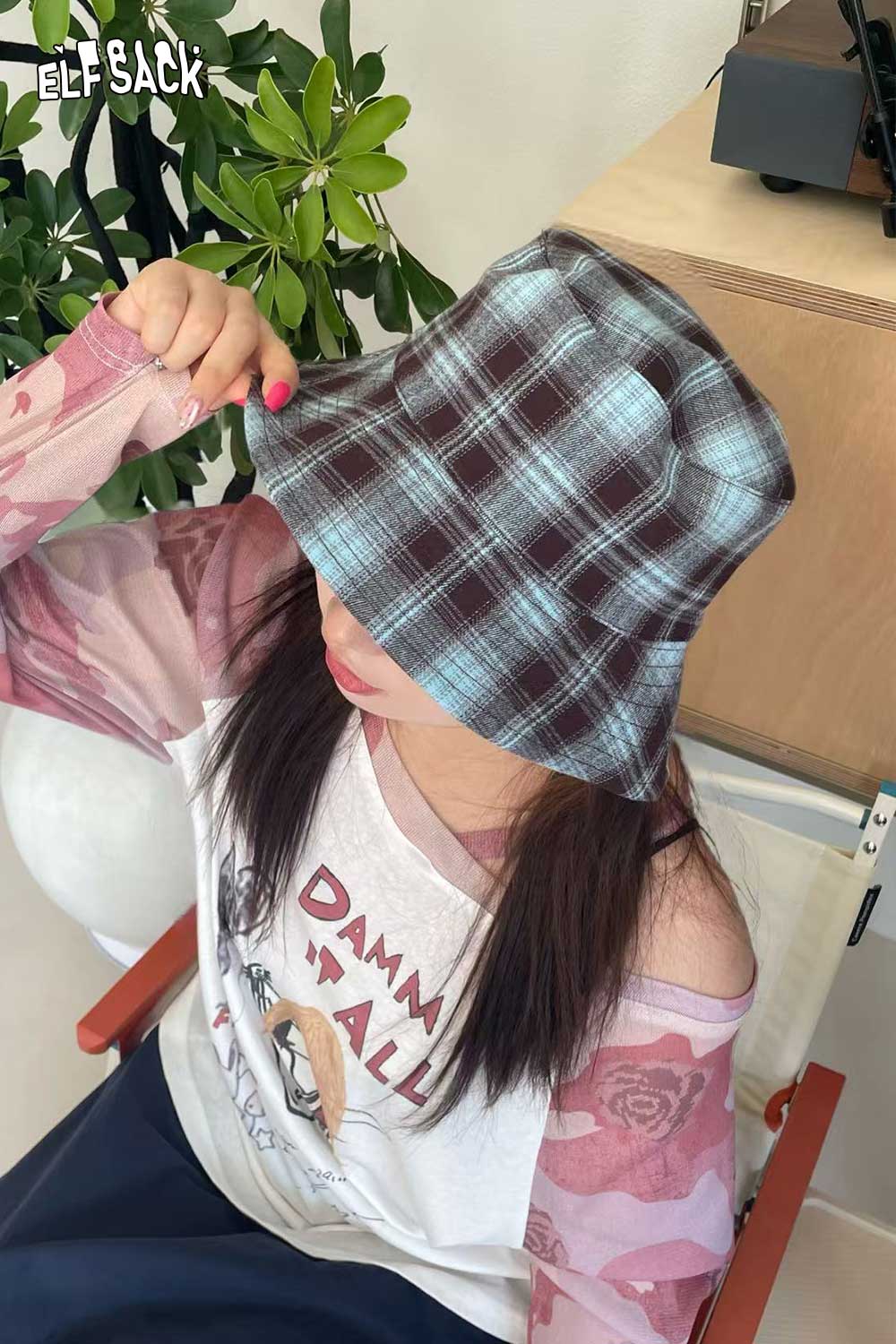 ELFSACK Cottn Color Block Vintage Casual Plaid Sun Bucket Hat