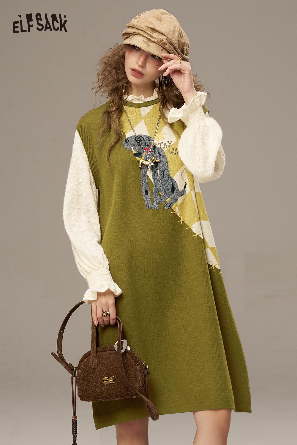 ELFSACK Cotton Blend Canine Motif Embroidery Contrast Panel Shift Dress