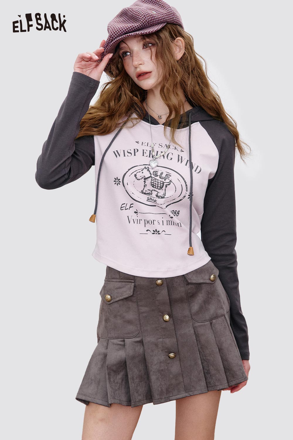 ELFSACK Cotton Blend Contrast Panel and Graphic Print Details Hooded Tee