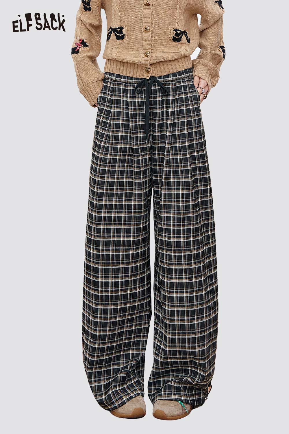 ELFSACK Cotton Blend Elastic Waist Adjustable Drawstring Plaid Design Wide Leg Trousers