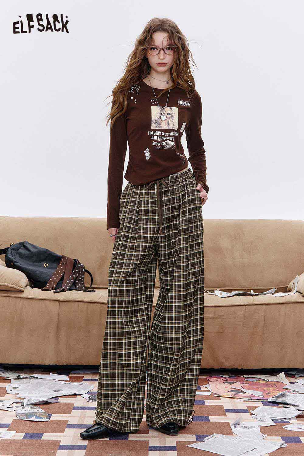 ELFSACK Cotton Blend Elastic Waist Adjustable Drawstring Plaid Design Wide Leg Trousers