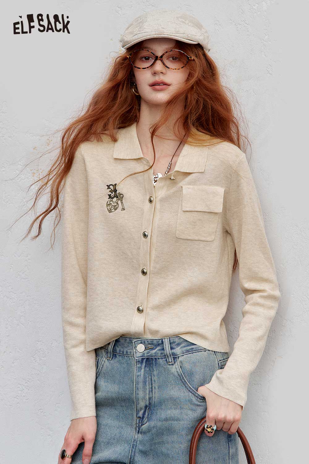 ELFSACK Cotton Blend Embroidered Cardigan Button Front Lightweight Knitwear