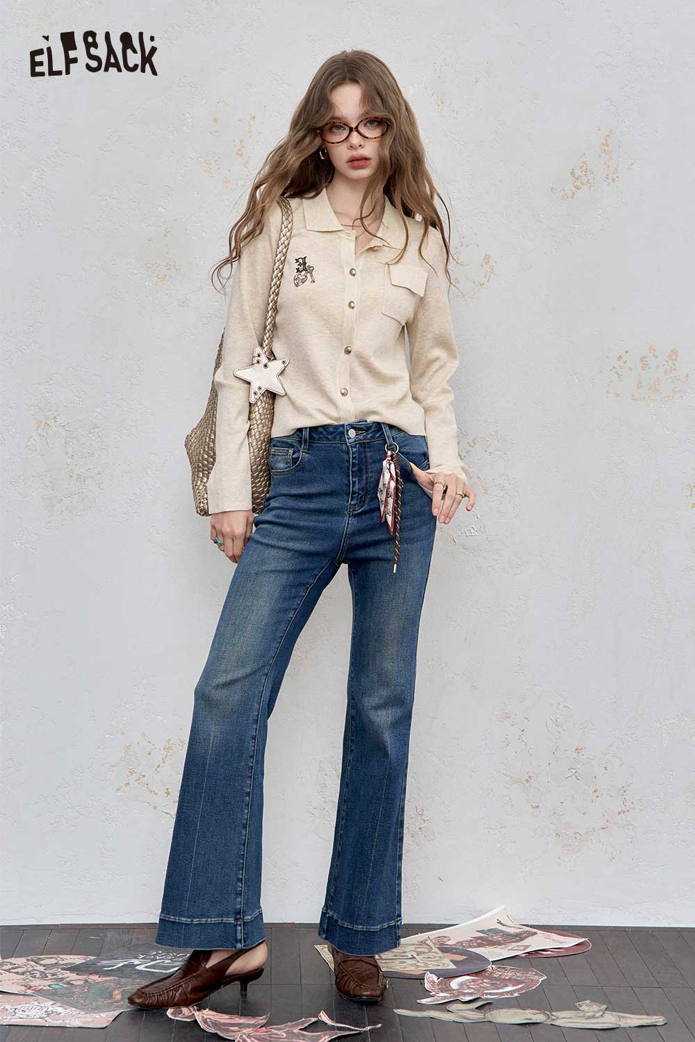 ELFSACK Cotton Blend Embroidered Cardigan Button Front Lightweight Knitwear