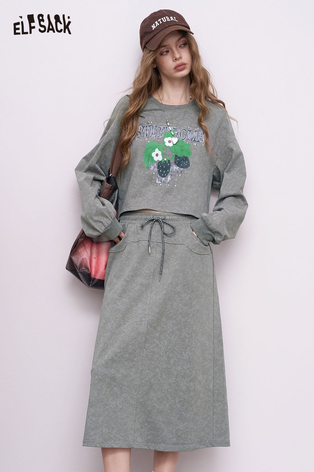 ELFSACK Cotton Blend Embroidered Hoodie Skirt Matching Set