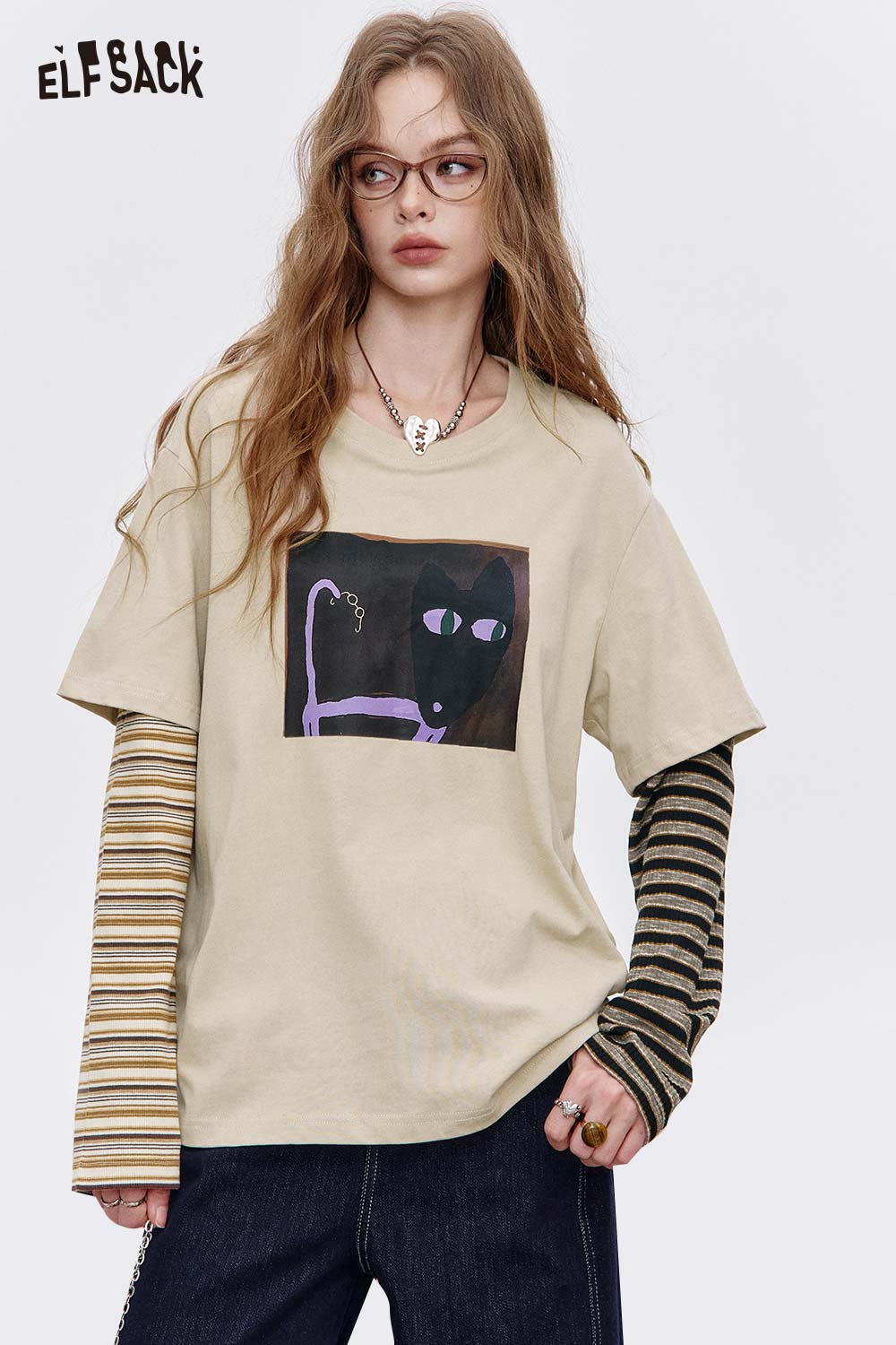 ELFSACK Retro Cotton Striped Sleeve Cat Tee