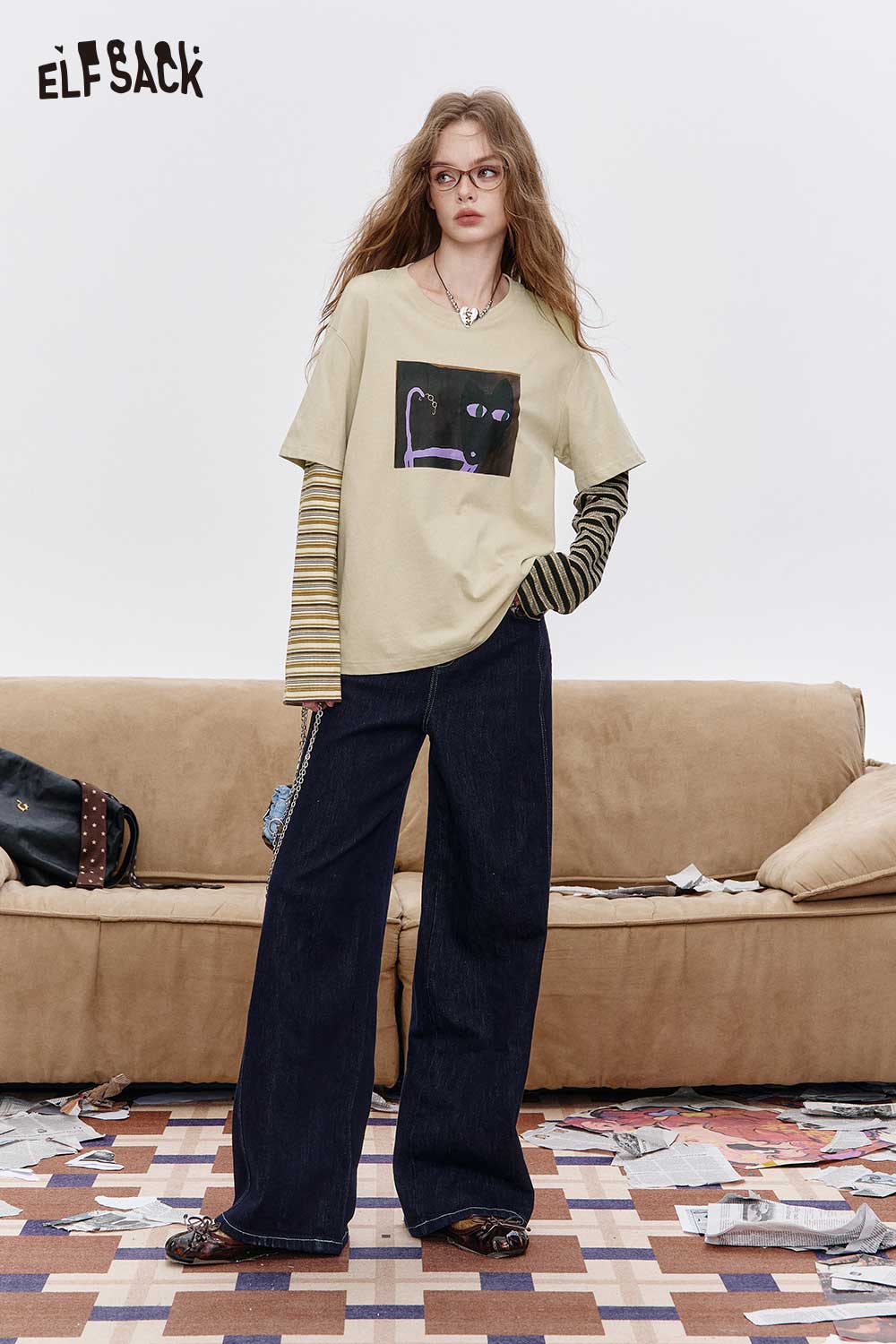 ELFSACK Retro Cotton Striped Sleeve Cat Tee