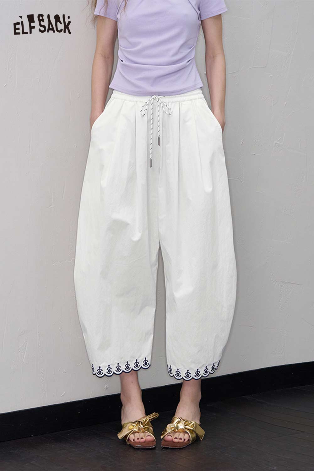 ELFSACK Cotton-Blend Loose White Sickle-Shaped Ankle-Length Pant With Hollow-Out Embroidery
