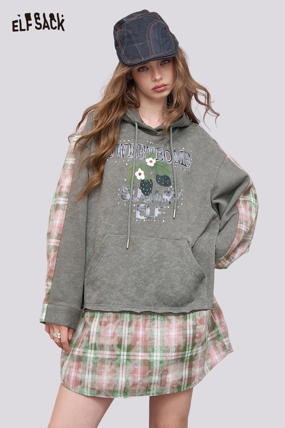 ELFSACK Cotton Blend Preppy Style Hooded Plaid Patchwork Short Dress