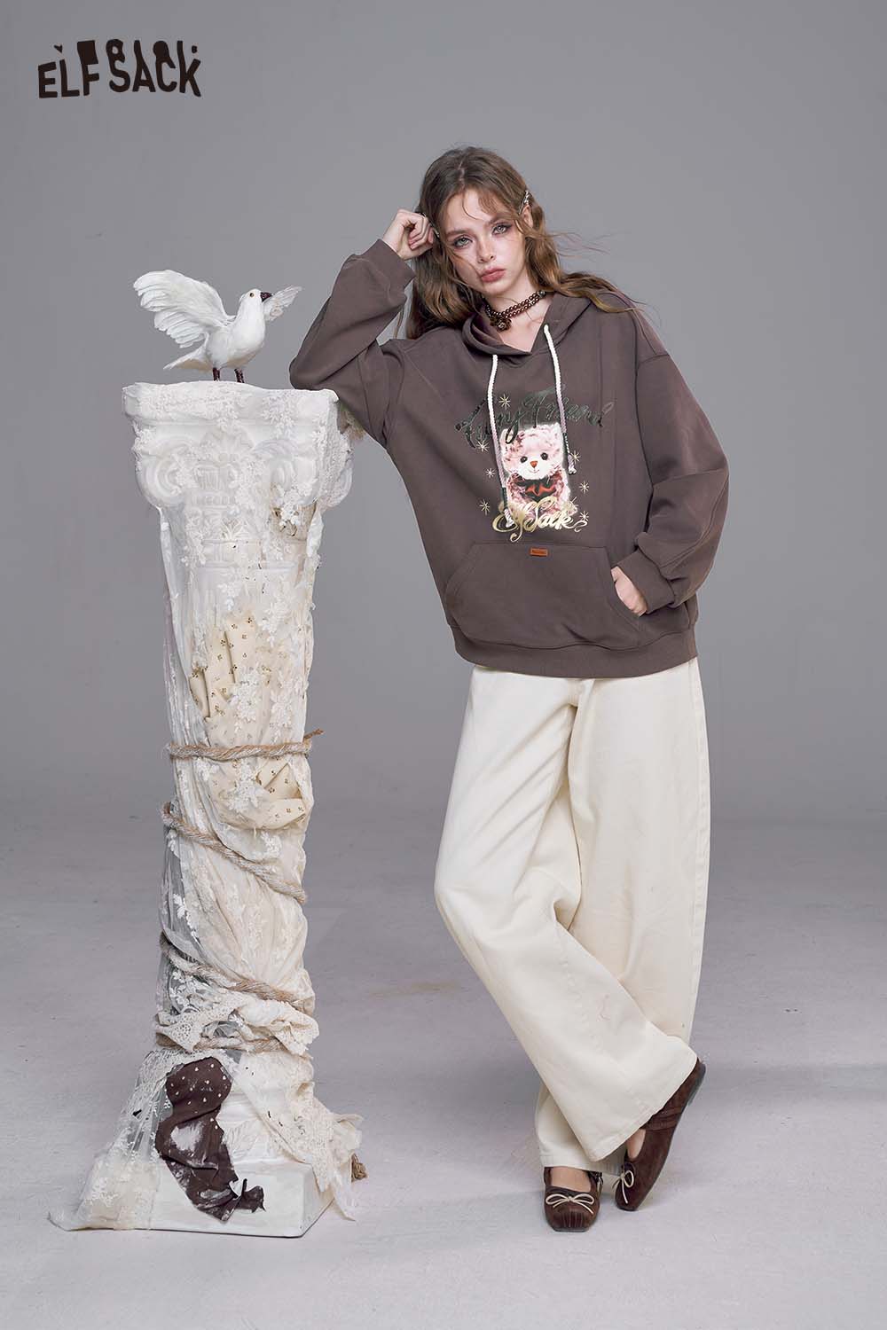 ELFSACK Cotton Blend Vintage Cartoon Graphic and Raw Hem Detail Oversized Washed Hoodie