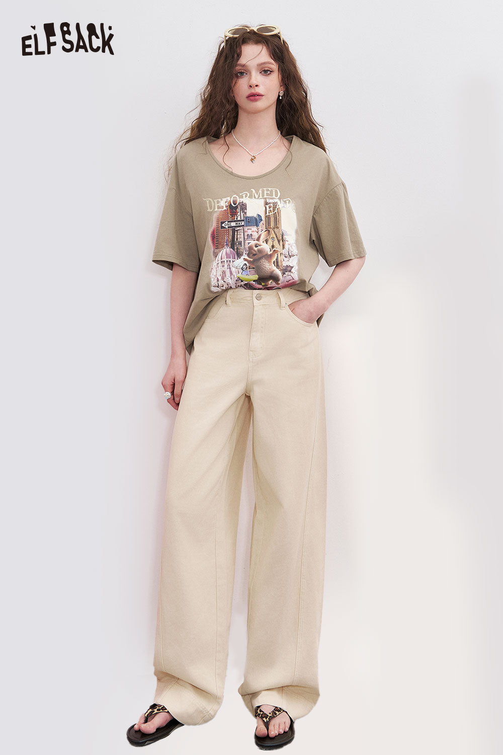 ELFSACK Cotton Denim Wide Leg Jeans