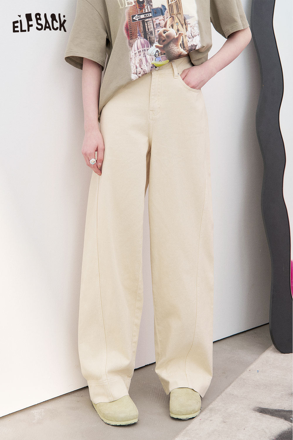 ELFSACK Cotton Denim Wide Leg Jeans