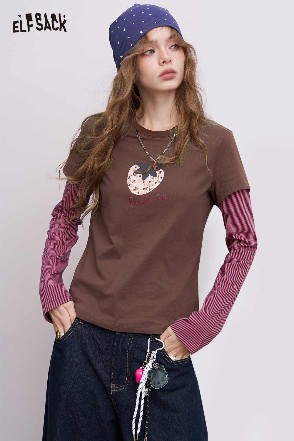 ELFSACK Cotton Fruit Print Patchwork Fit Full Sleeve Tee