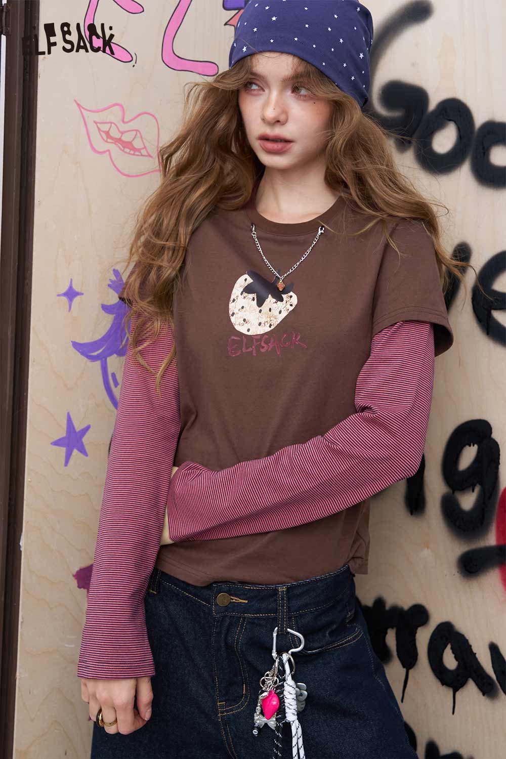 ELFSACK Cotton Fruit Print Patchwork Fit Full Sleeve Tee