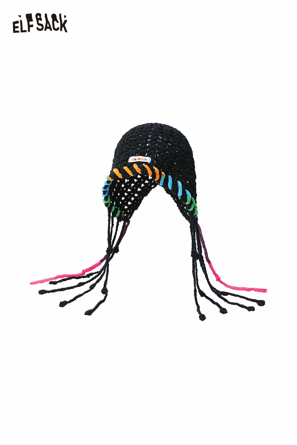 ELFSACK Cotton Knit Braided Tassel Color Block Cute Openwork Crochet Beanie