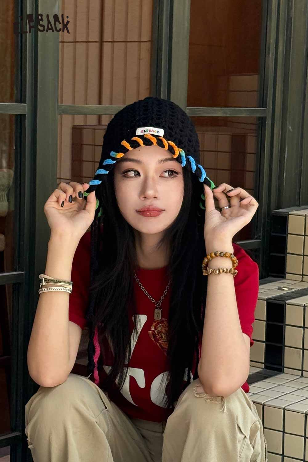 ELFSACK Cotton Knit Braided Tassel Color Block Cute Openwork Crochet Beanie
