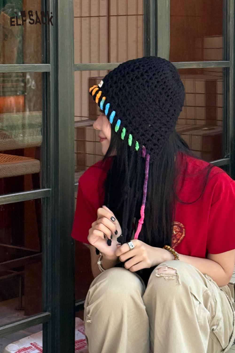 ELFSACK Cotton Knit Braided Tassel Color Block Cute Openwork Crochet Beanie