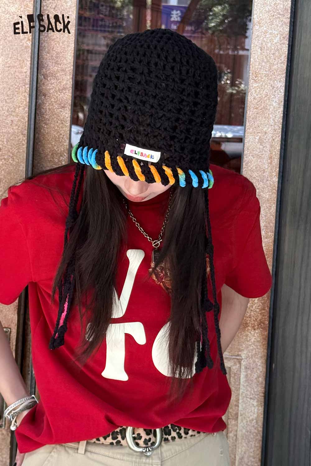 ELFSACK Cotton Knit Braided Tassel Color Block Cute Openwork Crochet Beanie